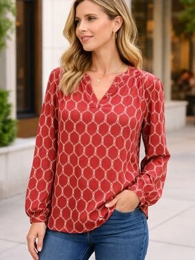 Time and Tru Rust Red Geometric V-Neck Long Sleeve Blouse